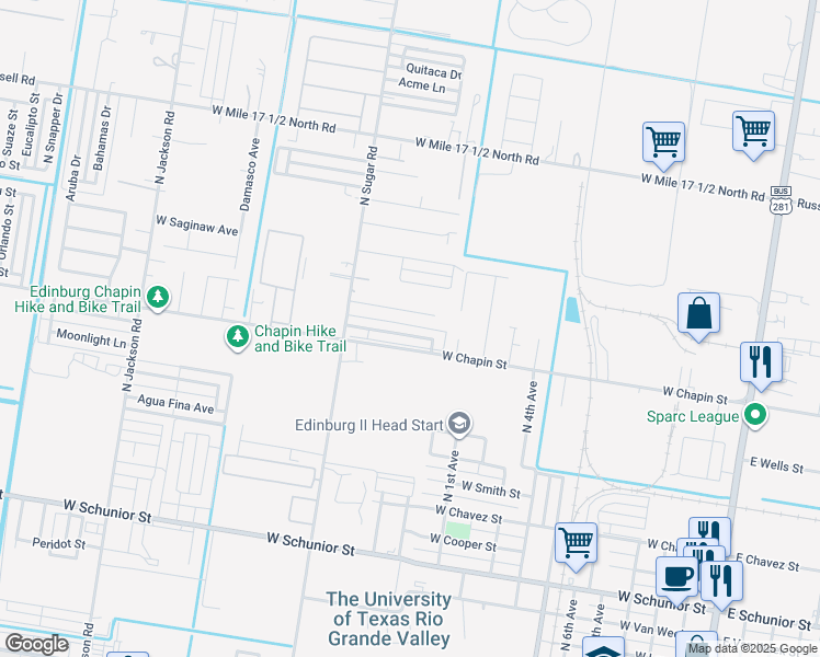 map of restaurants, bars, coffee shops, grocery stores, and more near 1508 North Sugar Road in Edinburg