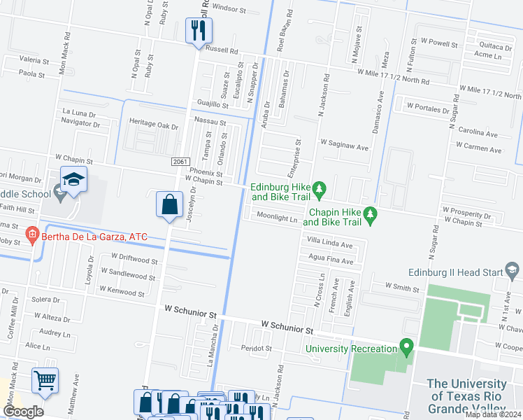 map of restaurants, bars, coffee shops, grocery stores, and more near 2419 West Candlelight Drive in Edinburg