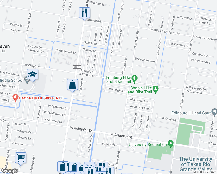 map of restaurants, bars, coffee shops, grocery stores, and more near 2419 West Candlelight Drive in Edinburg