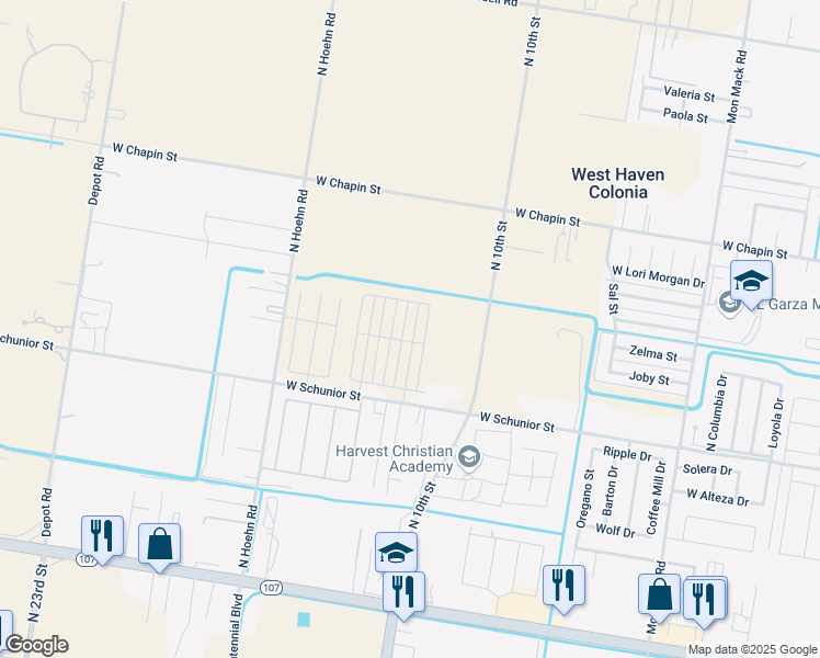 map of restaurants, bars, coffee shops, grocery stores, and more near 4403 West Schunior Street in Edinburg