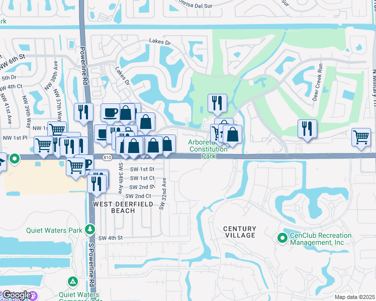 map of restaurants, bars, coffee shops, grocery stores, and more near 65 Deer Creek Road in Deerfield Beach