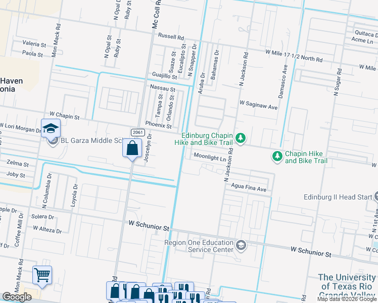 map of restaurants, bars, coffee shops, grocery stores, and more near 2419 West Candlelight Drive in Edinburg
