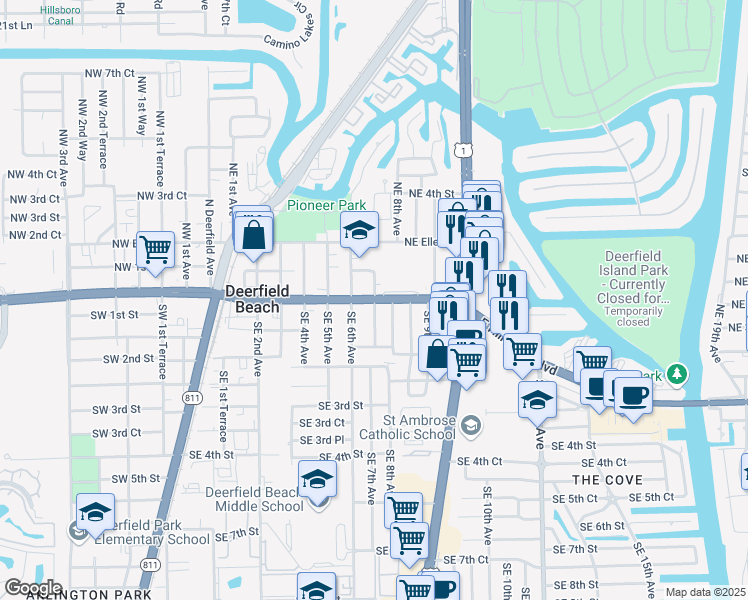 map of restaurants, bars, coffee shops, grocery stores, and more near 650 Northeast 1st Street in Deerfield Beach