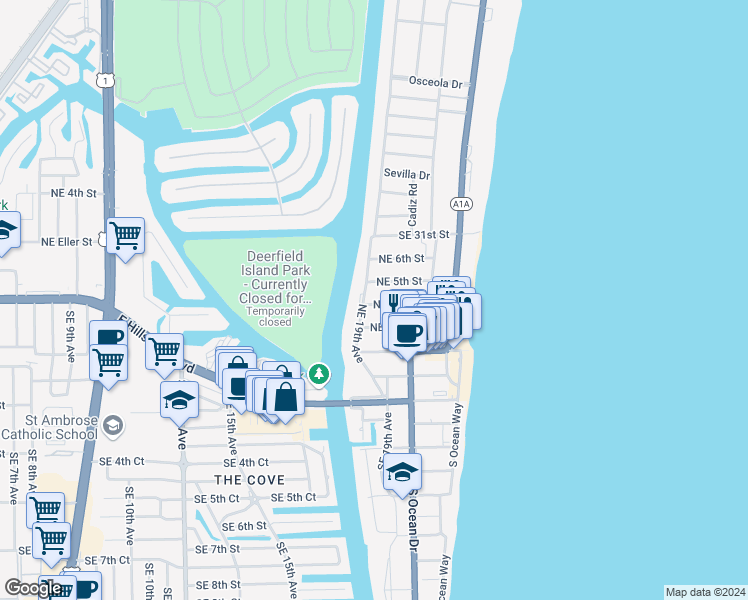map of restaurants, bars, coffee shops, grocery stores, and more near 1920 Northeast 5th Street in Deerfield Beach