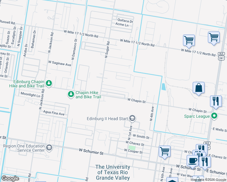 map of restaurants, bars, coffee shops, grocery stores, and more near 1508 North Sugar Road in Edinburg
