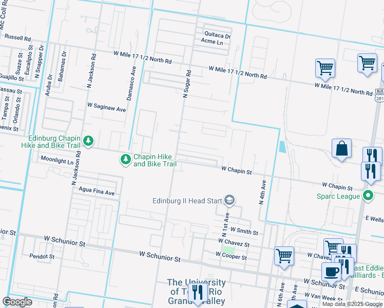map of restaurants, bars, coffee shops, grocery stores, and more near 1424 North Sugar Road in Edinburg