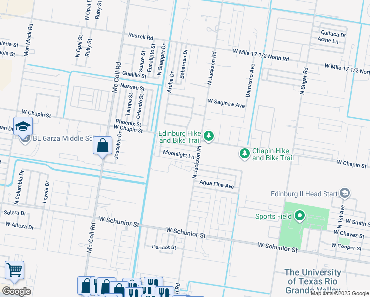 map of restaurants, bars, coffee shops, grocery stores, and more near 2309 West Candlelight Drive in Edinburg