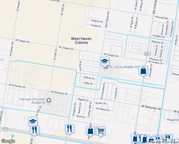 map of restaurants, bars, coffee shops, grocery stores, and more near 3720 West Sarah Evans Street in Edinburg