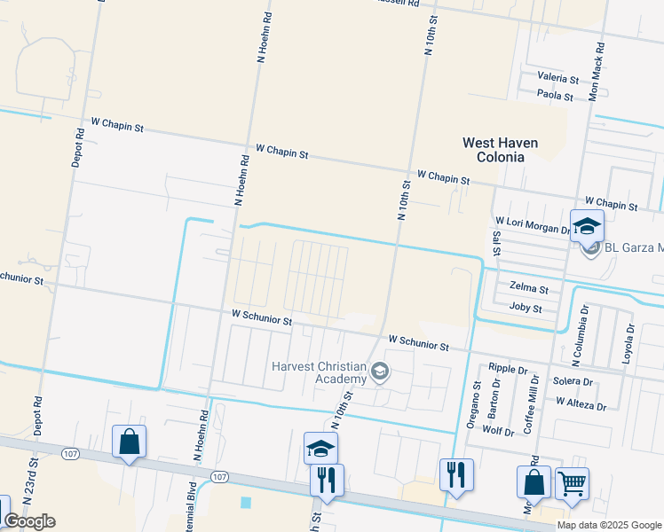 map of restaurants, bars, coffee shops, grocery stores, and more near 4403 West Schunior Street in Edinburg