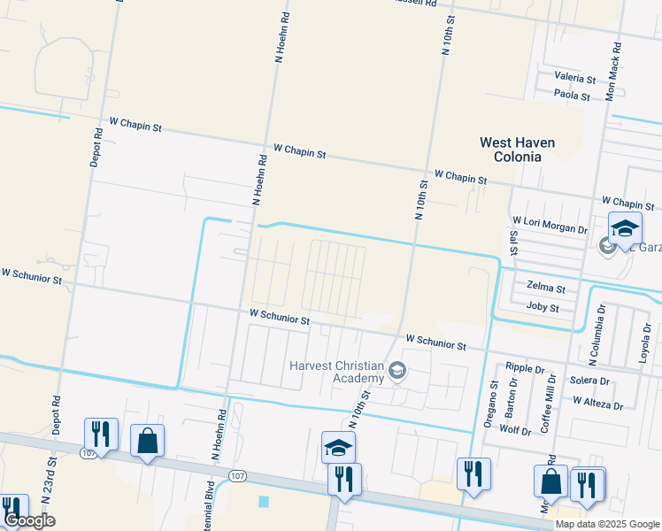 map of restaurants, bars, coffee shops, grocery stores, and more near 4625 West Schunior Street in Edinburg