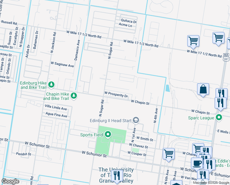 map of restaurants, bars, coffee shops, grocery stores, and more near 1413 Prosperity Drive in Edinburg