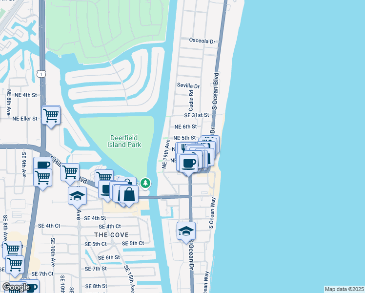 map of restaurants, bars, coffee shops, grocery stores, and more near 1920 Northeast 5th Street in Deerfield Beach