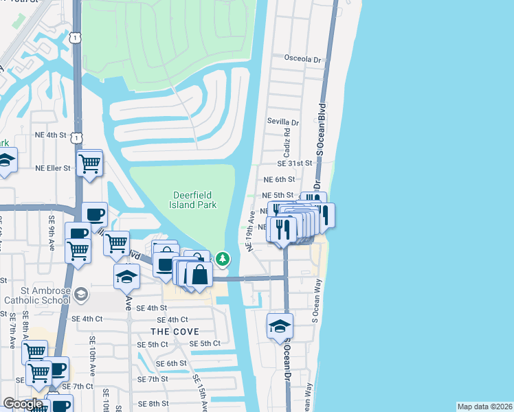 map of restaurants, bars, coffee shops, grocery stores, and more near 1920 Northeast 5th Street in Deerfield Beach