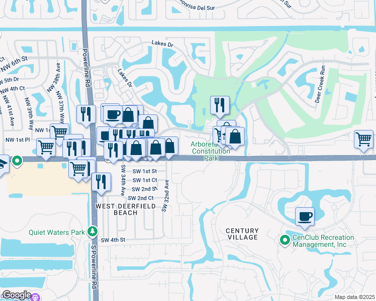 map of restaurants, bars, coffee shops, grocery stores, and more near 65 Deer Creek Road in Deerfield Beach
