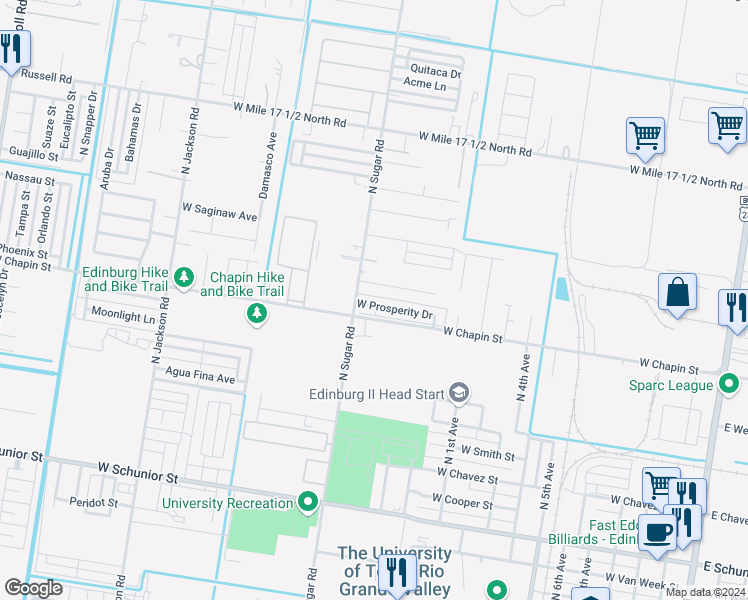 map of restaurants, bars, coffee shops, grocery stores, and more near 1424 North Sugar Road in Edinburg