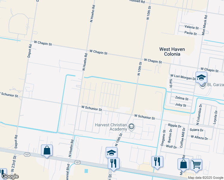 map of restaurants, bars, coffee shops, grocery stores, and more near 4625 West Schunior Street in Edinburg
