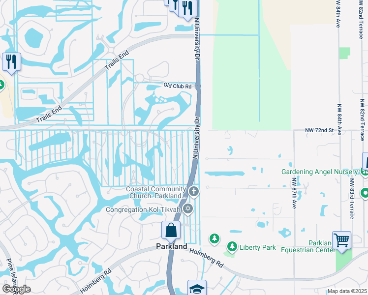 map of restaurants, bars, coffee shops, grocery stores, and more near 7126 Spyglass Avenue in Parkland