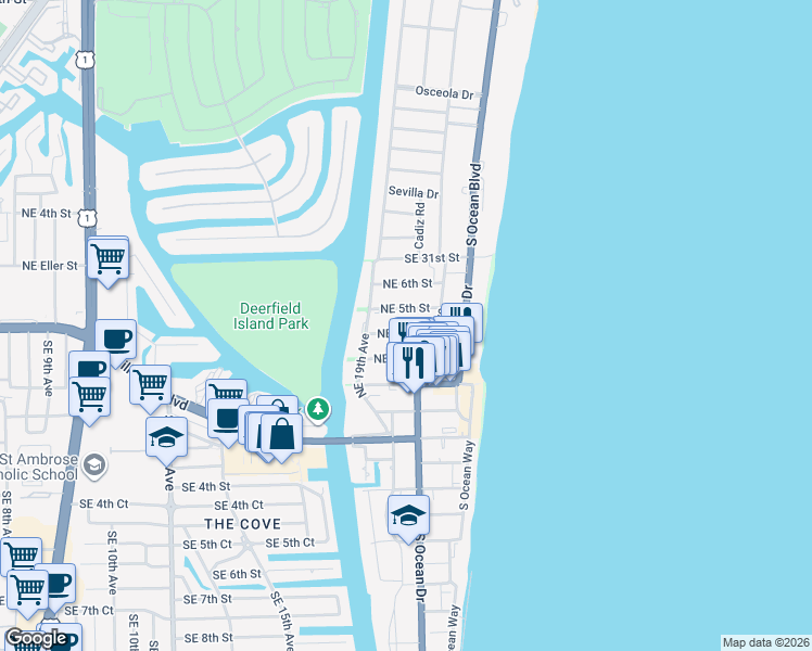 map of restaurants, bars, coffee shops, grocery stores, and more near 1920 Northeast 5th Street in Deerfield Beach