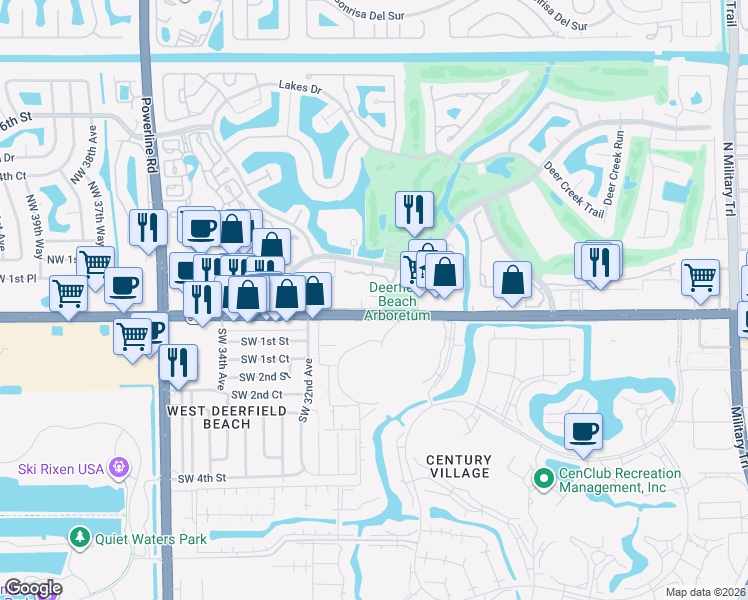 map of restaurants, bars, coffee shops, grocery stores, and more near 25 Deer Creek Road in Deerfield Beach