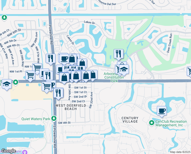 map of restaurants, bars, coffee shops, grocery stores, and more near 89 Deer Creek Road in Deerfield Beach