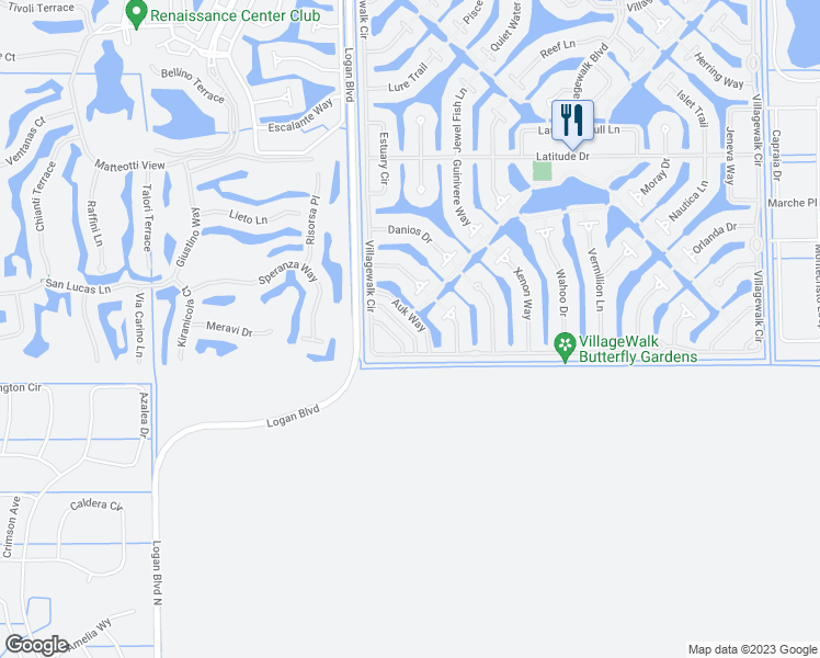 map of restaurants, bars, coffee shops, grocery stores, and more near 15091 Auk Way in Bonita Springs