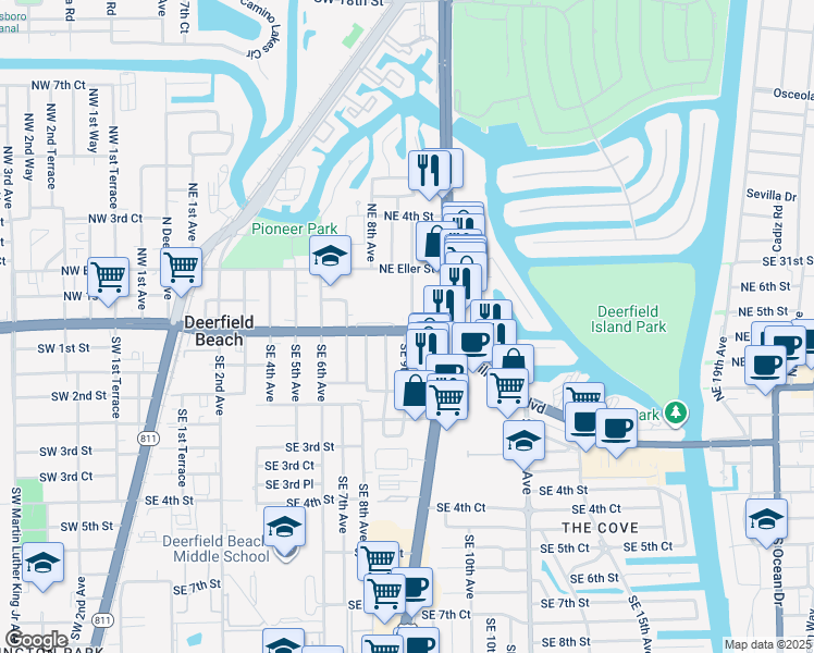 map of restaurants, bars, coffee shops, grocery stores, and more near 35 Northeast 9th Avenue in Deerfield Beach