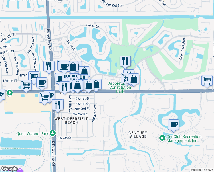 map of restaurants, bars, coffee shops, grocery stores, and more near 65 Deer Creek Road in Deerfield Beach