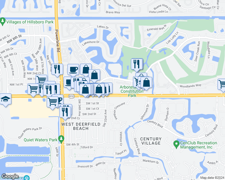 map of restaurants, bars, coffee shops, grocery stores, and more near 65 Deer Creek Road in Deerfield Beach