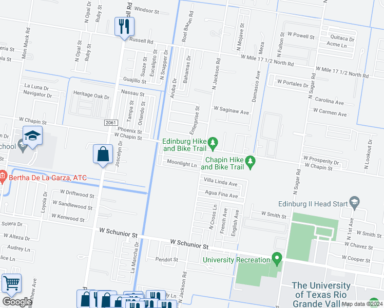 map of restaurants, bars, coffee shops, grocery stores, and more near 2309 West Candlelight Drive in Edinburg