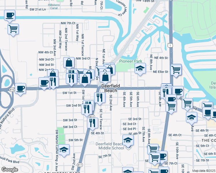 map of restaurants, bars, coffee shops, grocery stores, and more near in Deerfield Beach