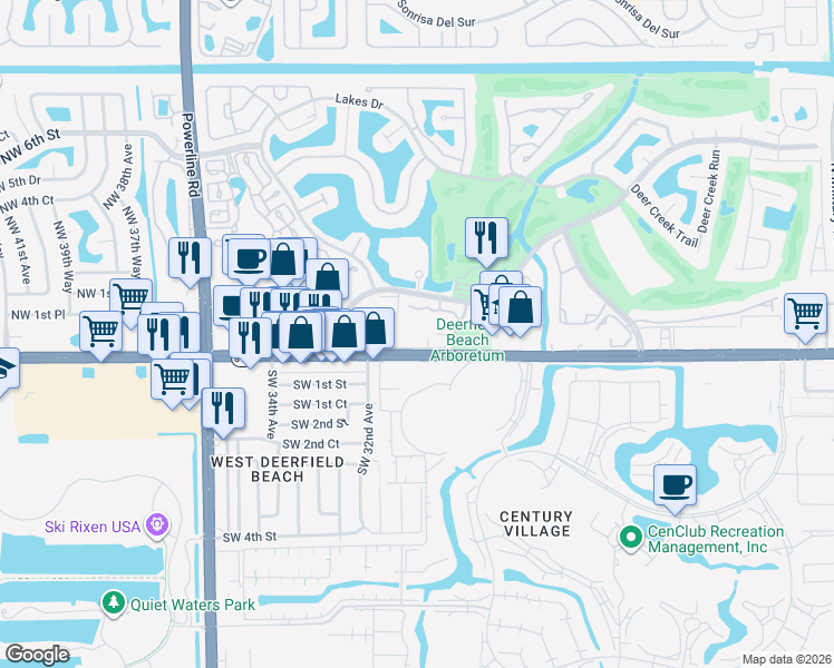 map of restaurants, bars, coffee shops, grocery stores, and more near 65 Deer Creek Road in Deerfield Beach