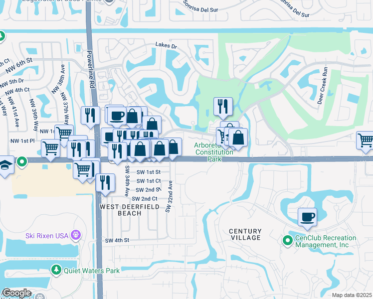 map of restaurants, bars, coffee shops, grocery stores, and more near 65 Deer Creek Road in Deerfield Beach
