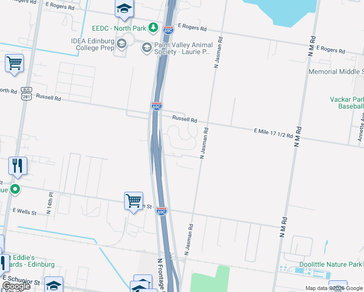 map of restaurants, bars, coffee shops, grocery stores, and more near 1904 North Expressway 281 in Edinburg