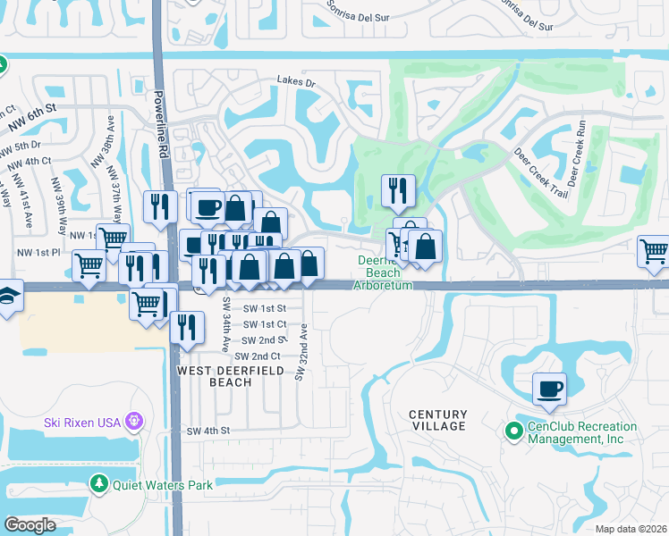 map of restaurants, bars, coffee shops, grocery stores, and more near 65 Deer Creek Road in Deerfield Beach