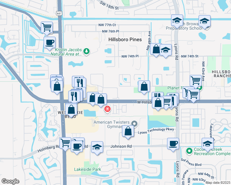 map of restaurants, bars, coffee shops, grocery stores, and more near 5201 West Hillsboro Boulevard in Coconut Creek