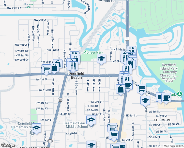 map of restaurants, bars, coffee shops, grocery stores, and more near 49 Northeast 5th Avenue in Deerfield Beach