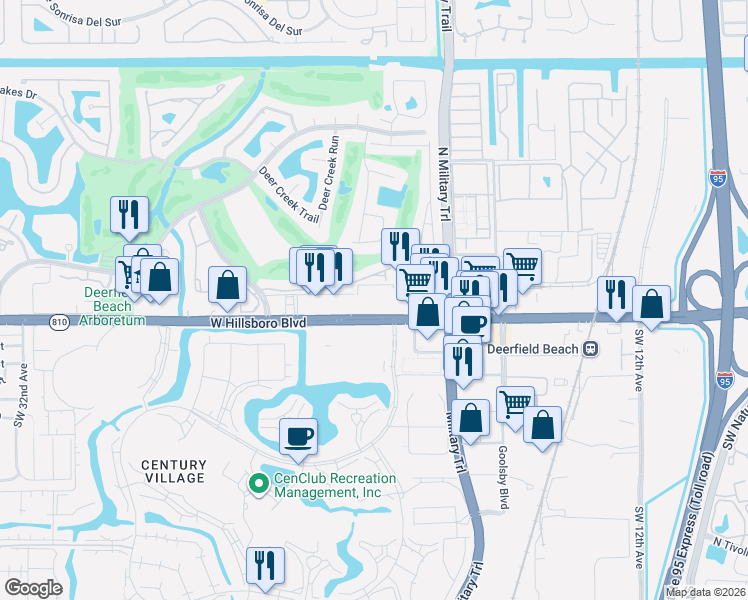 map of restaurants, bars, coffee shops, grocery stores, and more near 2151 West Hillsboro Boulevard in Deerfield Beach