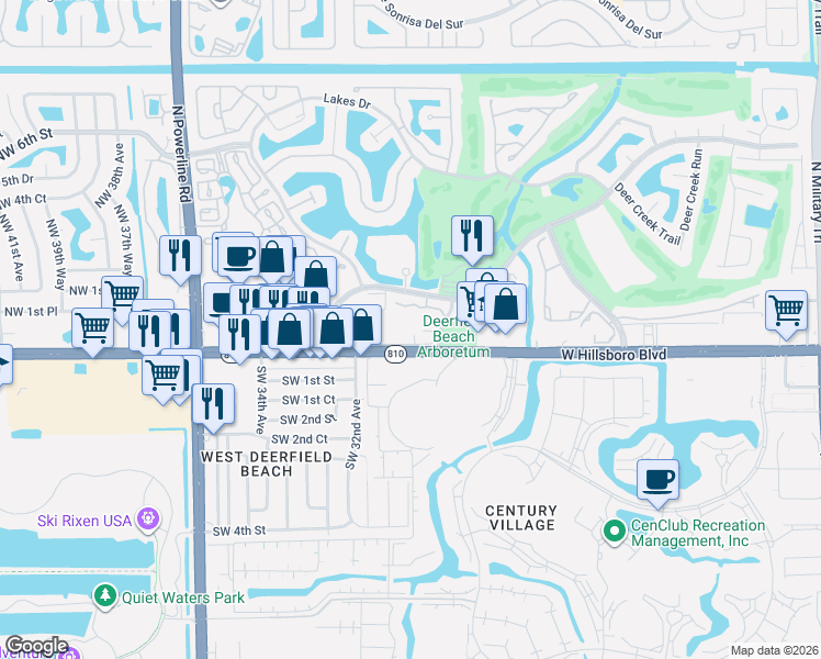 map of restaurants, bars, coffee shops, grocery stores, and more near 65 Deer Creek Road in Deerfield Beach