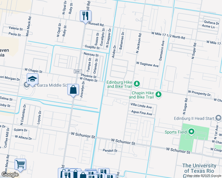 map of restaurants, bars, coffee shops, grocery stores, and more near 2419 West Candlelight Drive in Edinburg