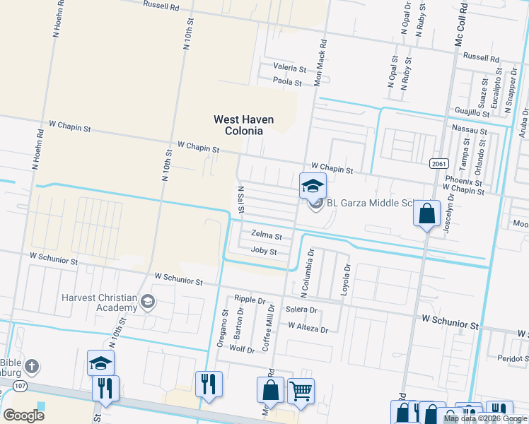 map of restaurants, bars, coffee shops, grocery stores, and more near 3720 West Sarah Evans Street in Edinburg