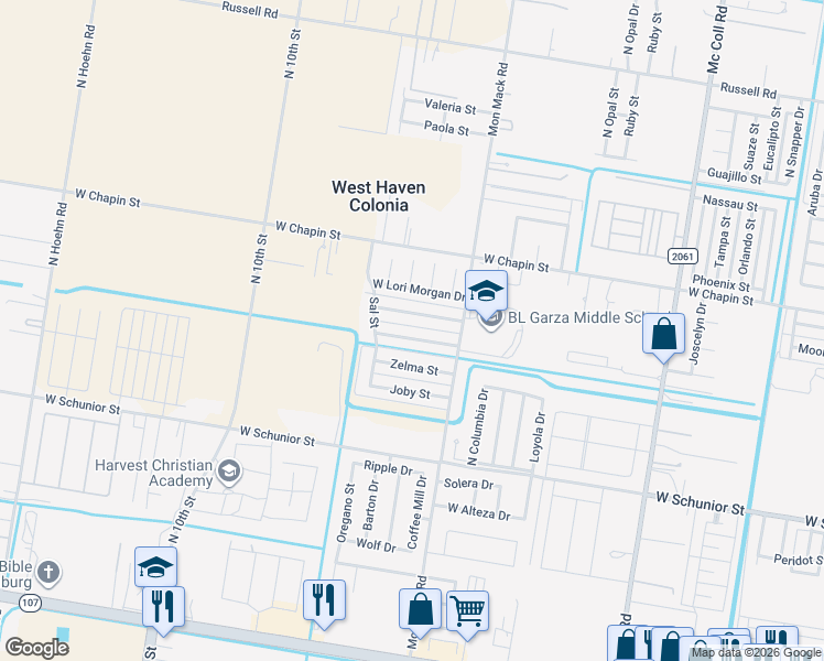 map of restaurants, bars, coffee shops, grocery stores, and more near 3720 West Sarah Evans Street in Edinburg