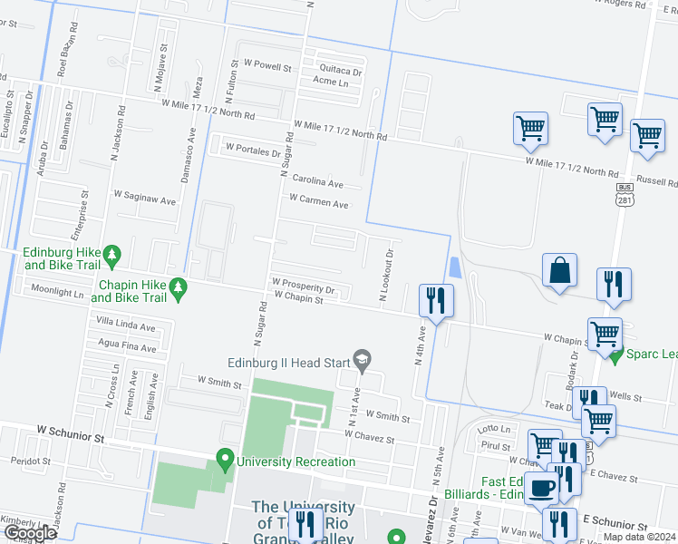 map of restaurants, bars, coffee shops, grocery stores, and more near 1505 Carmen Street in Edinburg