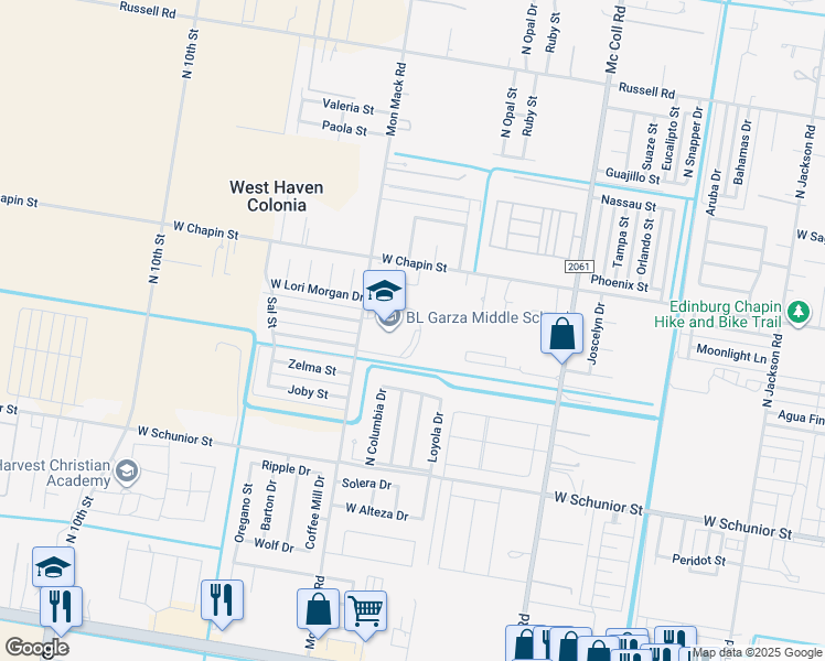 map of restaurants, bars, coffee shops, grocery stores, and more near 1202 Mon Mack Road in Edinburg