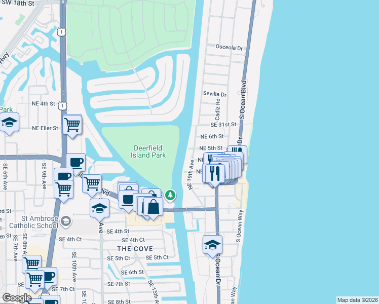 map of restaurants, bars, coffee shops, grocery stores, and more near 461 Northeast 19th Avenue in Deerfield Beach