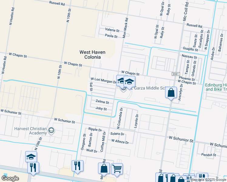 map of restaurants, bars, coffee shops, grocery stores, and more near 3612 West Sarah Evans Street in Edinburg