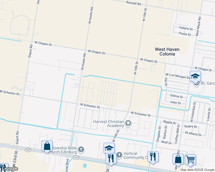 map of restaurants, bars, coffee shops, grocery stores, and more near 1018 North Blair Avenue in Edinburg