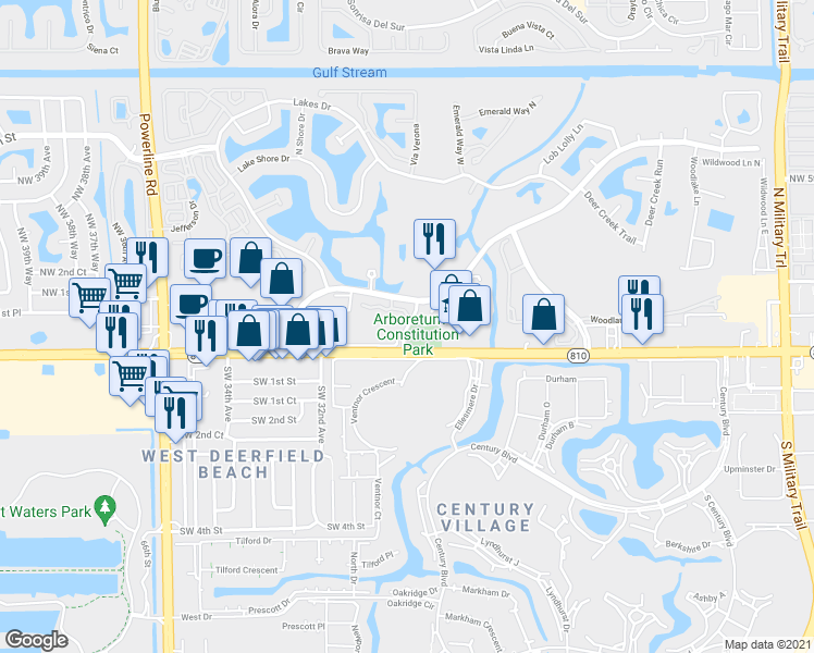 map of restaurants, bars, coffee shops, grocery stores, and more near 89 Deer Creek Road in Deerfield Beach