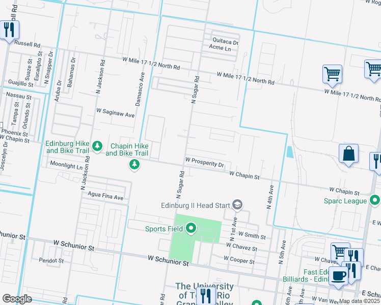 map of restaurants, bars, coffee shops, grocery stores, and more near 1424 North Sugar Road in Edinburg