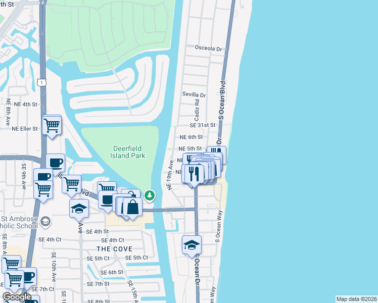 map of restaurants, bars, coffee shops, grocery stores, and more near 1920 Northeast 5th Street in Deerfield Beach