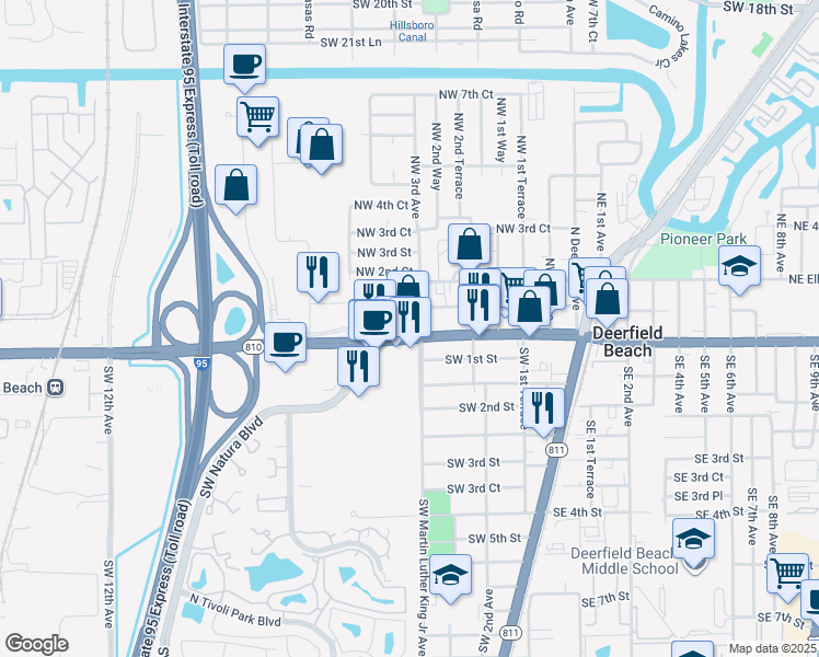 map of restaurants, bars, coffee shops, grocery stores, and more near 349 West Hillsboro Boulevard in Deerfield Beach